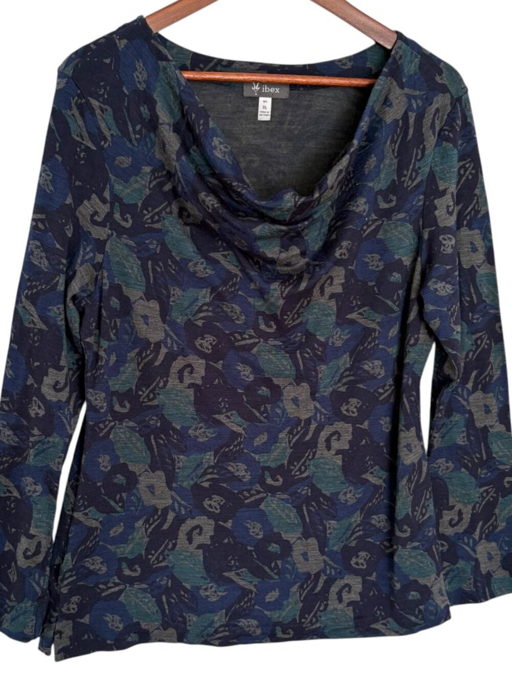 Ibex Diana Cowl Neck Top XL Blue Gray Floral 100% Merino Wool Shirt Long Sleeves